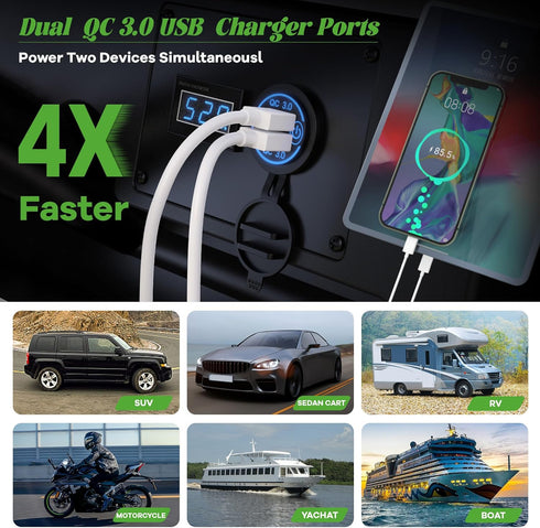 10L0L Golf Cart Quick Charge QC 3.0 Dual USB Charger Socket, 12V-24V USB Outlet for Yamaha EZGO Club Car, 12V Input Double USB Ports with DIY Car ...