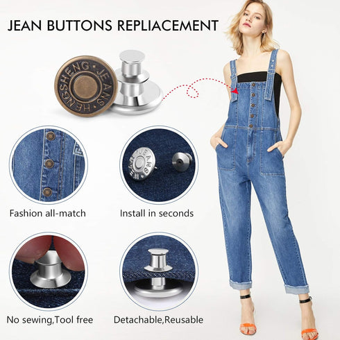 12 Sets Button Pins for Loose Jeans, No Sew and No Tools Instant Replacement Snap Tack Pant Button, Ceryvop Reusable and Adjustable Metal Pants Bu...