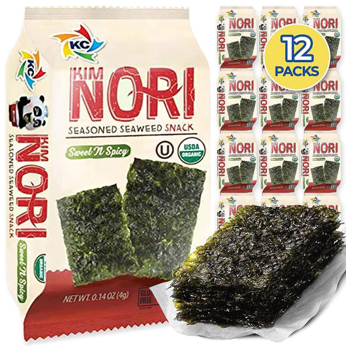 KIMNORI Seasoned Seaweed Snacks Sheets – Organic Sweet 'N Spicy Flavor, 12 Individual Packs, Roasted Crispy Premium 100% Natural Laver Kim Nori, 4...