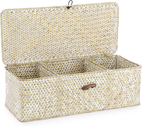 Hipiwe Seagrass Storage Basket Bin 3 Sections Hand-Woven Wicker Basket with Lid Bathroom Basket Toilet Tank Basket Holder for Organize Snack Tissu...