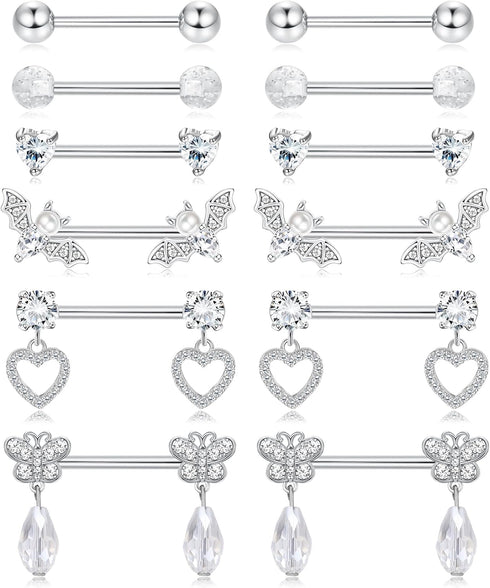 JOERICA 6 Pairs 14G Nipple Rings for Women 316L Stainless Steel Heart Butterfly Moon CZ Flower Barbell Nipple Rings Set Cute Nipplerings Piercing ...