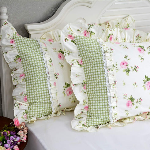 FADFAY Farmhouse Style Pillowcases Pink Rosetta Printed Gold with Green Plaid Elegant Country Style 100% Cotton Vintage Lace Ruffles Bedding Pillo...