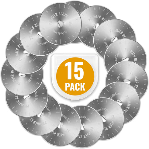 Premier Blades 45mm Rotary Cutter Blades - (15 Pack) Fits Fiskars, Olfa, Martelli Blades and More - Studio Fabric Cutter Wheel for Fabric & Paper...