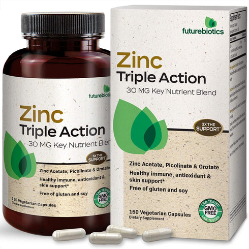 Futurebiotics Zinc Triple Action 30mg Key Nutrient Blend Immune Support Zinc Supplement with Zinc Acetate, Picolinate & Orotate - Immune, Antioxid...