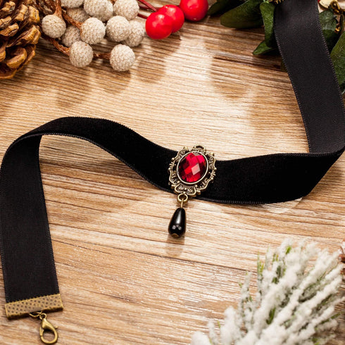 Gothic Ruby Retro Black Velvet Choker Necklace for Women, Halloween Vampire Cosplay Jewelry...