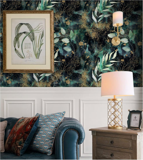HAOKHOME 93208 Boho Peel and Stick Wallpaper Leaves Branch Removable Black/Green/Matte Gold Vinyl Self Adhesive Mural for Bedroom 17.7in x 6.5ft...