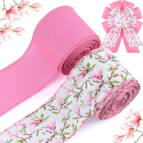 2 Rolls 20 Yards Pink Floral Wired Edge Ribbon Magnolia Flower Printed Burlap Ribbon for Gift Wrapping Bow Wreath Making for Birthday Wedding Craf...