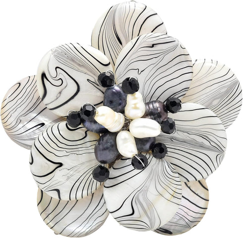 AeraVida Wild & Stylish Black & White Pearls with Painted Stripes on Mother of Pearl Seashell Floral Brooch Pin for Retro Zebra or Animal Print In...
