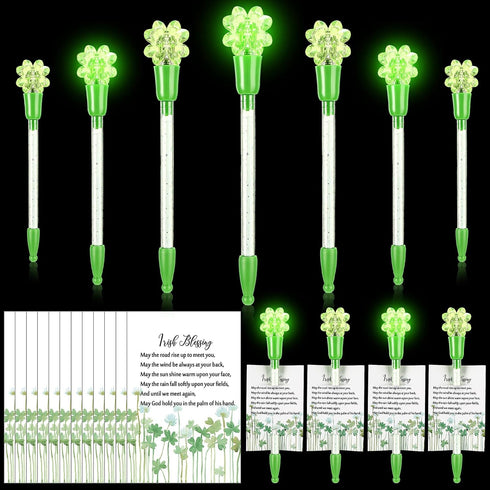 20 Set St Patrick's Day Pens Bulk Shamrock LED Light up Pens Four Leaf Flashing Green Black Ink Clover Rollerball Ballpoint Pen with Card for Scho...