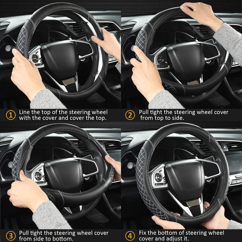 West Llama Customized Auto Car Steering Wheel Cover for Dodge 1989-2011 RAM 1500 2500 3500, Charger, Durango, Challenger(Diamond Quilted-Black+Gra...