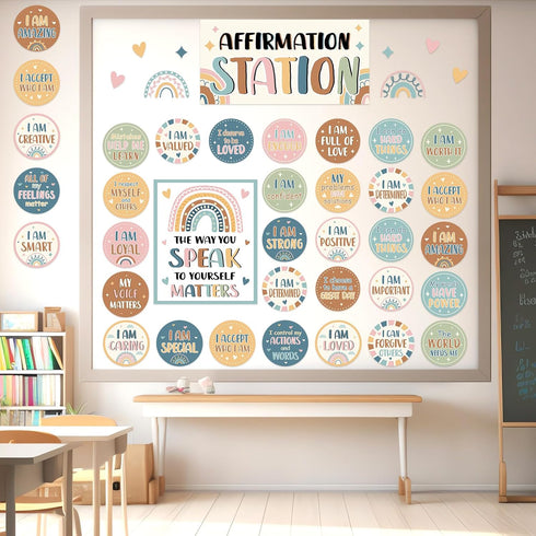 32 PCS BOHO Affirmation Station Bulletin Board Set Positive Posters for Classroom Growth Mindset Decorations Inspirational Motivational Accent Cut...