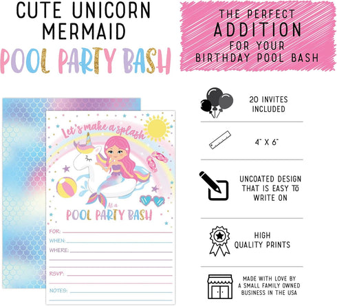 Your Main Event Prints Mermaid Unicorn Pool Party Birthday Invitations - Summer Pool Party Bash - Splash Pad, Water Park Invites - 20 Fill-In Unic...