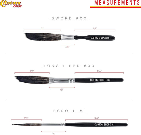 Custom Shop Starter Pinstriping Brush Kit (Sword #00, Scroll #1 & Long Liner - #00) One of Each All 3 Brush Styles - High Performance Striping Bru...