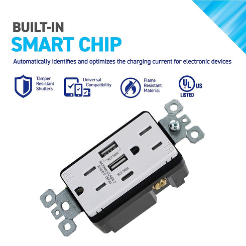 Coby USB Wall Outlet Dual High Speed 6.0 Amp USB Ports with Smart Chip, USB Type C Port, 15A Duplex Tamper Resistant Receptacle Electrical Outlet,...