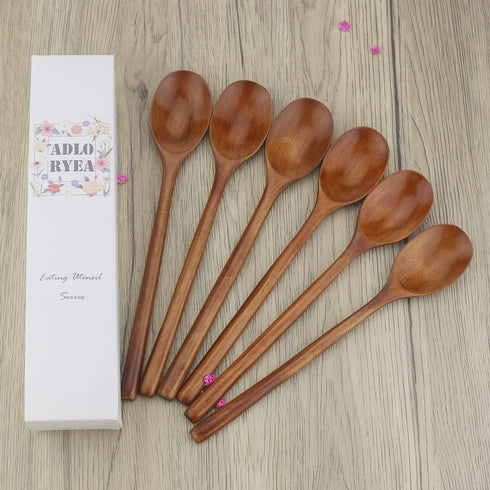 Wooden Spoons, 6 Pieces 9 Inch Wood Soup Spoons for Eating Mixing Stirring, Long Handle Spoon with Japanese Style Kitchen Utensil, ADLORYEA Eco Fr...