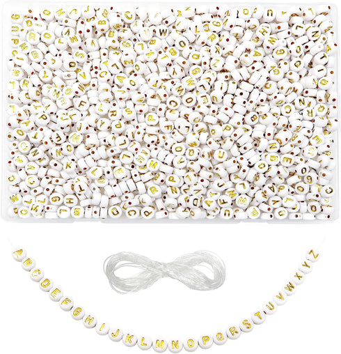 TOAOB 1000pcs White Acrylic Letter Beads 4x7mm Round Alphabet Beads Gold Letter A to Z Beads with Elastic String for DIY Jewelry Making Friendship...