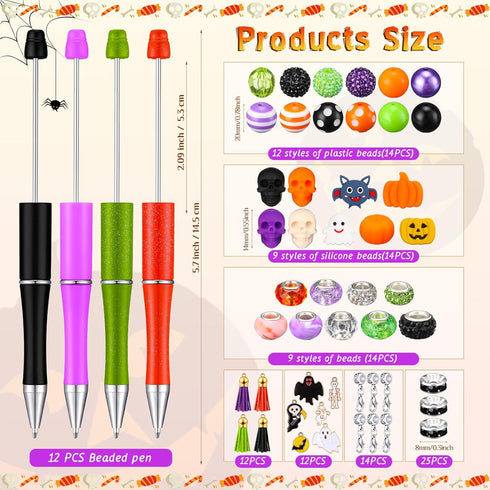Tenceur 12 Pcs Halloween Plastic Beadable Pen Bead Ballpoint Pen Halloween Silicone Beads 105 Pcs Accessories DIY Black Ink Bead Pen Pumpkin Skull...