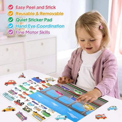 Reusable Sticker Pad Set:Vehicle and Dinosaur-Restickable Sticker Activity Playset for Kids Toddlers Boys Ages 2-4 4-8 Years. Includes Constructio...