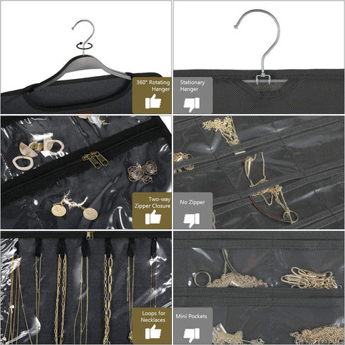 SMRITI Hanging Jewelry Organizer with Dual Zippered Pockets Canvas Double Sided Rotating Hanger Necklace Hanging Wall Organizer Earring Dustproof ...