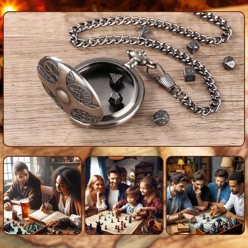 Mini DND Dice Set with Steampunk Gear Pocket Watch Shell Case, 7pcs Polyhedral Metal D&D Dice Set, DND Gifts with Gift Box, Role Playing Board Gam...