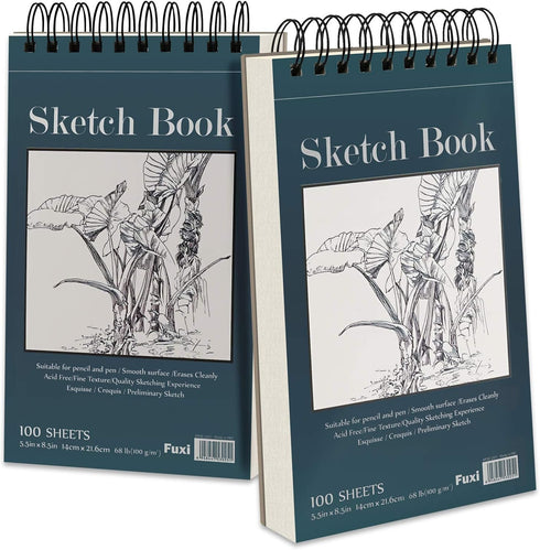 5.5" x 8.5" Sketchbook Set, Top Spiral Bound Sketch Pad, 2 Packs 100-Sheets Each (68lb/100gsm), Acid Free Art Sketch Book Artistic Drawing Paintin...