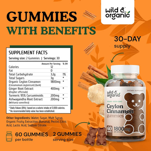 Ceylon Cinnamon Gummies 1800mg - Antioxidants Supplement w/Organic Ceylon Cinnamon - Vegan Joint Health Gummies - Non-GMO Joint Support Supplement...