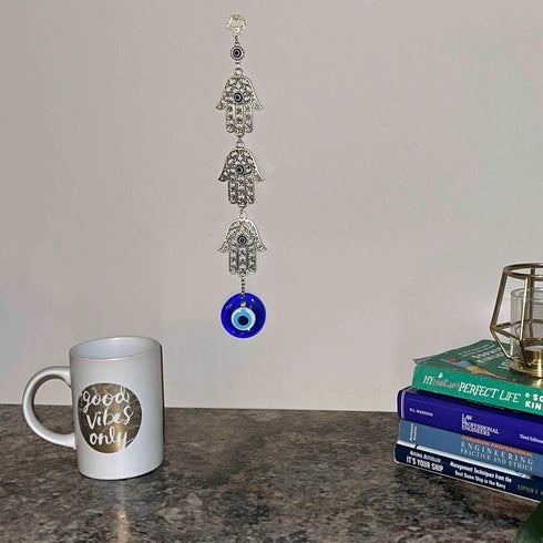Demiwares Evil Eye Protection Charm, Hamsa Fatima Holy Hand with Evil Eye Glass, Metal Wall Hanging Home Decor for Good Luck and Blessings, Handma...