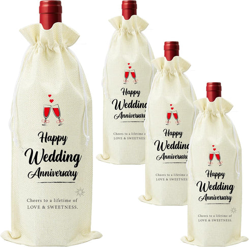 Omoojee 4 Pcs Wedding Anniversary Wine Bag, Couple Gift for Married Anniversary, Flax Drawstring Wine Bag...
