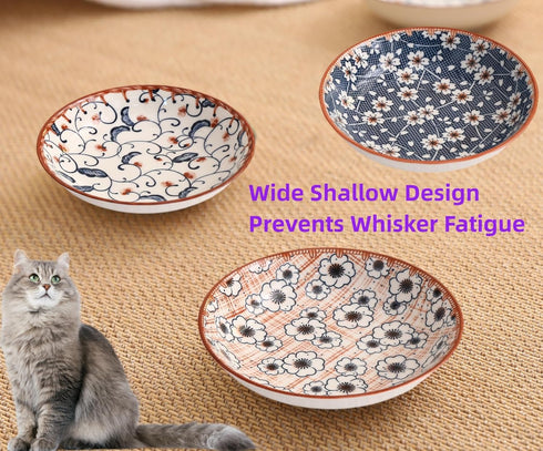 Cat Food Bowls, Whisker Fatigue Cat Bowl, 5.5 Inches Ceramic Kitten Bowl Set of 3, Small Cat Dishes for Indoor Cats, Shallow Cat Plates for Wet Fo...