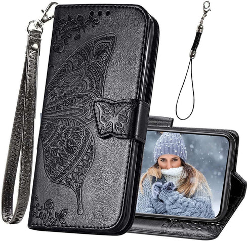 for iPhone 11 Wallet Case,Women Flip Folio Cover with Butterfly Embossed PU Leather Stand Card Holder Slots Magnetic Detachable Wrist Strap for iP...