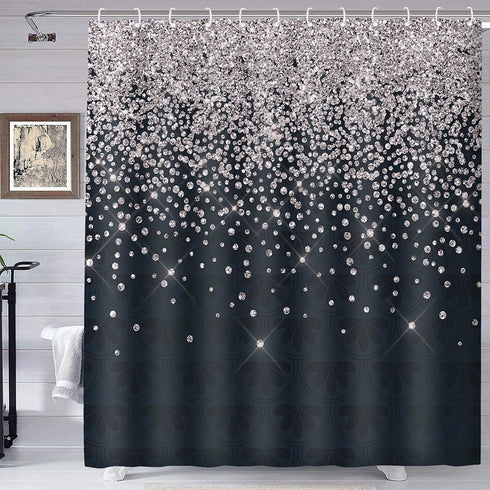 Silver Gray Bokeh Gorgeous (No Sparkles or Glitter) Shower Curtain,Falling Snow Night Sky Stars Black Night 3D Printed Fabric Bathroom Curtain wit...