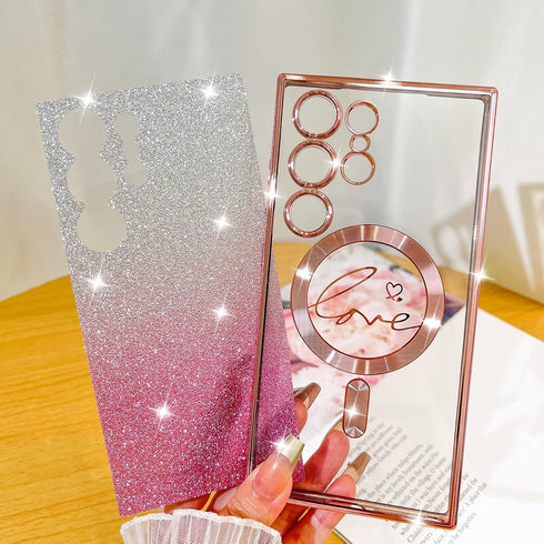 Fiyart Designed for Samsung Galaxy S24 Ultra Case,Compatible with MagSafe Love Heart Plating Camera Protection Clear Phone Case, Magnetic Glitter ...