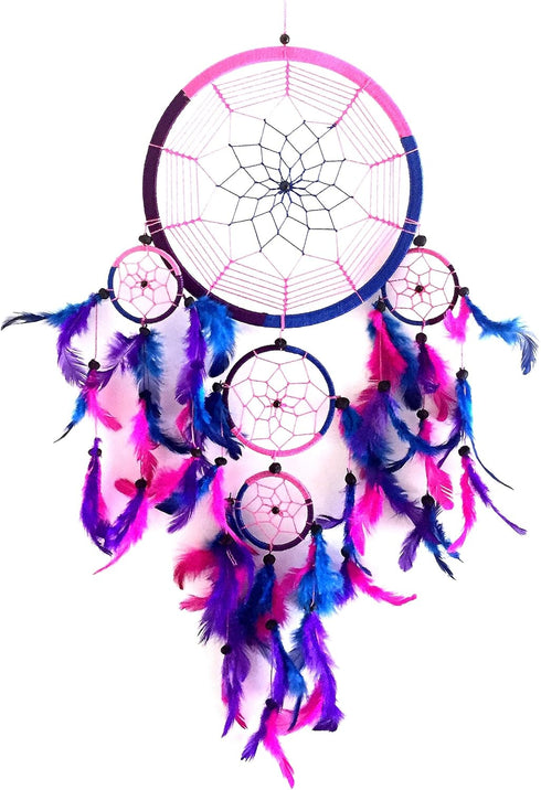 OMA Dream Catcher Traditional Tie Dye Colors Pink, Blue & Purple Feathers - 8.5" Diameter & 30" Long - (Tie Dye - Purple - Large)...