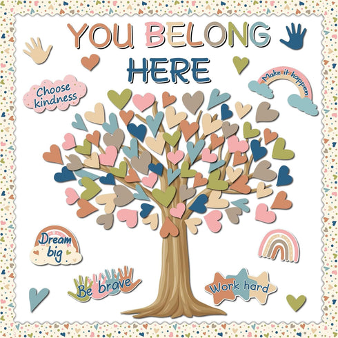 Boho Classroom Tree Bulletin Board Decorations Heart Cutouts Border Welcome Classroom You Belong Here Bulletin Board Decor Supplies for Chalkboard...