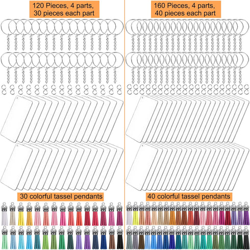 Duufin 120 Pcs Acrylic Blanks Keychain Tassel Set Including 30 Pcs Rectangle Clear Acrylic Keychain Blank (3 x 7cm) 30 Pcs Key Rings with Chain 30...