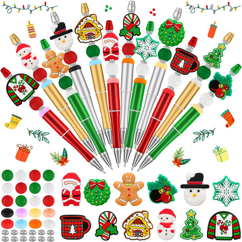12 Pcs Christmas Beadable Pens, Plastic Bead Pens, Silicone Bead Pens, Snowmen Santa Gingerbread Bead Ballpoint Pen for Office School Women Kids S...