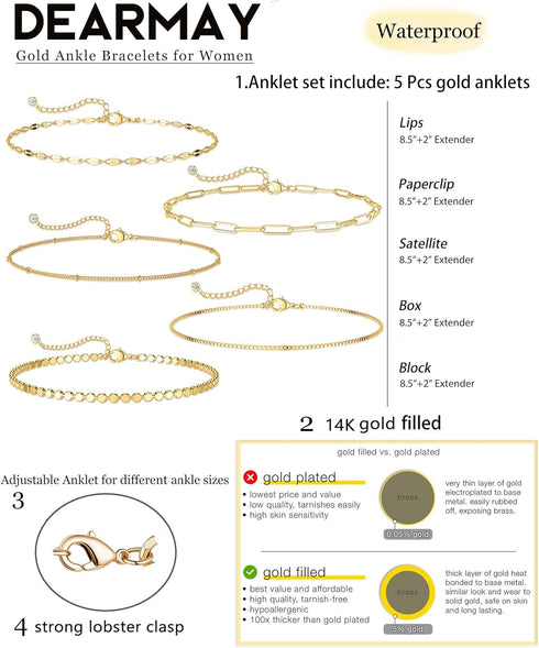 DEARMAY Waterproof Gold Ankle Bracelets for Women - Dainty 6Pcs 14K Gold Plated Anklets Layered Cuban Link Chain Herringbone Cute Anklets Set Pack...
