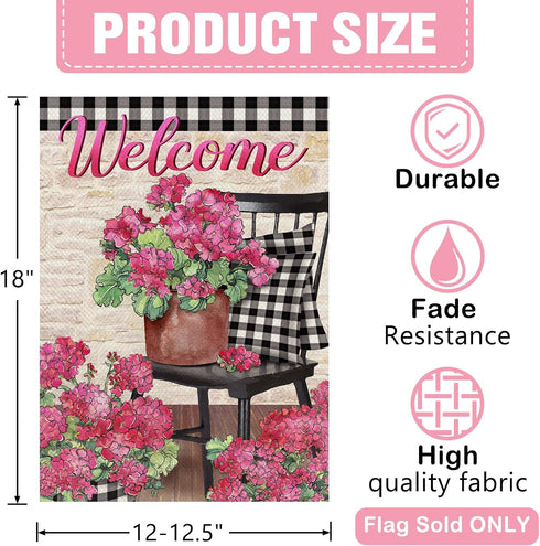 Welcome Spring Geranium Pink Flower Decorative Garden Flag, Black White Buffalo Plaid Floral Pot Chair Yard Outside Home Decorations, Summer Farmh...