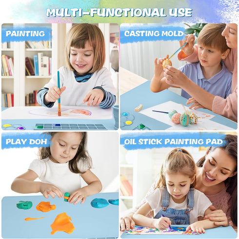 Qoolife Silicone Painting Mat with Cup, 23.6"*15.7" Silicone Art Mats for Crafts with 10 Brushes, 12 Color Dividers, Collapsible Erasable Washable...