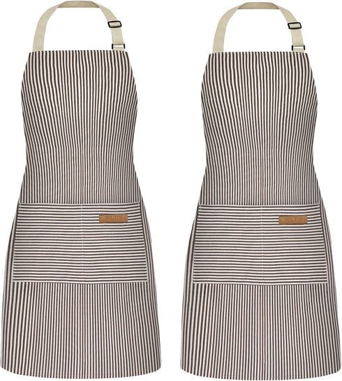 NLUS 2 Pack Cooking Aprons for Women with Pockets, Adjustable Kitchen Bib Aprons Chef Aprons for Women Men(Brown Pinstripes)...
