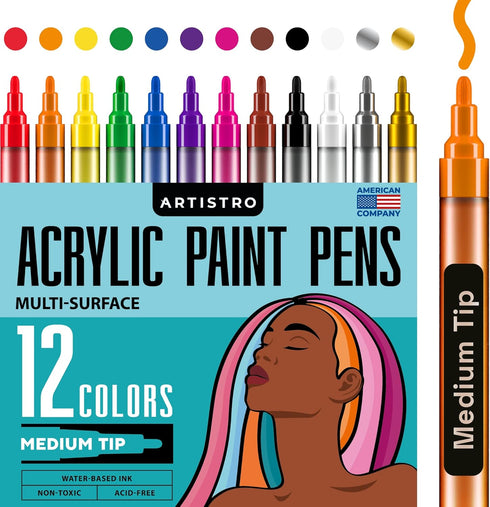 ARTISTRO 12 Acrylic Paint Pens for Fabric, Canvas, Rock, Glass, Wood - 3mm Medium Tip Paint Markers-Ideal Art Supplies for Adults and Kids...