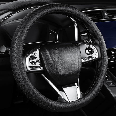 Black Steering Wheel Cover?with Woven Pattern ?Anti-Slip, Safety, Soft, Breathable, Adaptable to 14.5-15 inches Steering Wheel...