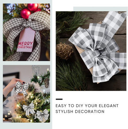 Grey Wired Edge Ribbon Plaid Ribbon 3 Rolls 2.5 Inch Farmhouse Ribbon Buffalo Check Gray Ribbon Polka Dot Striped Ribbon Buffalo Plaid Ribbon Wire...