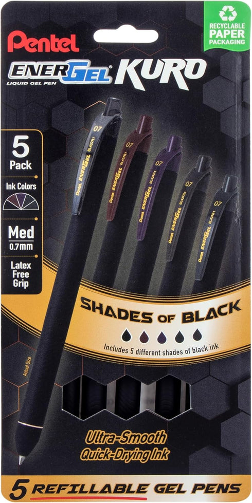 Pentel EnerGel Kuro Retractable Liquid Gel Pen, Shades of Black, 0.7mm tip, Assorted black ink, Pack of 5 pens (BL437PF5MA)...