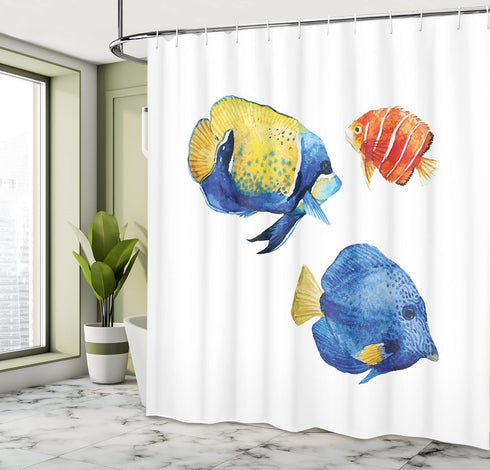 Ambesonne Fish Shower Curtain, Tropical Aquarium Life Discus Fish and Goldfish in Different Patterns, Cloth Fabric Bathroom Decor Set with Hooks, ...