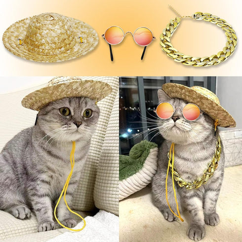 6PCS Pet Dog Cat Costume, Retro Pet Sunglasses, Adjustable Gold Chain Collar & Straw Hat, Funny Pet Accessories for Cat Puppy Small Medium Dog Bir...