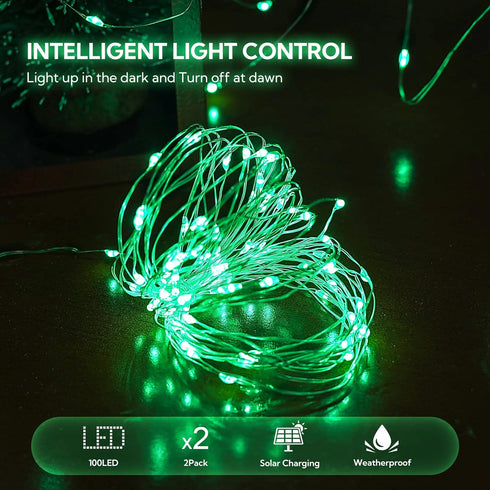 2 Pack 100 LED Solar Green String Lights,33ft Solar Halloween Lights Outdoor,8 Modes Waterproof Green Solar Fairy Lights for Christmas Tree Party ...