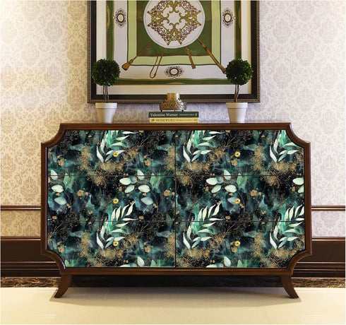 HAOKHOME 93208 Boho Peel and Stick Wallpaper Leaves Branch Removable Black/Green/Matte Gold Vinyl Self Adhesive Mural for Bedroom 17.7in x 6.5ft...