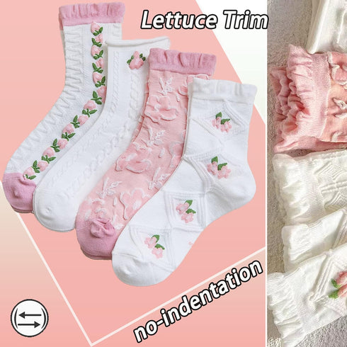 Cute Pink White Floral Women Ankle Sock Stripe Lettuce Trim Knitted Comfy Embroidered Girl Sock Gift 4 & More Pairs...