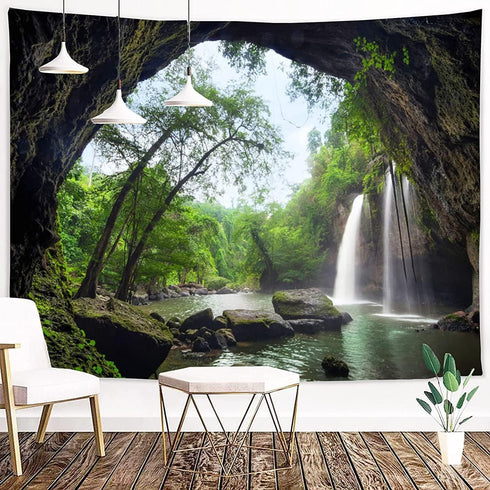FENDROM Green Misty Forest Tapestry Wall Hanging Nature Mountain Cave Landscape Tapestry Waterfall River Tapestries for Bedroom Living Room Dorm D...
